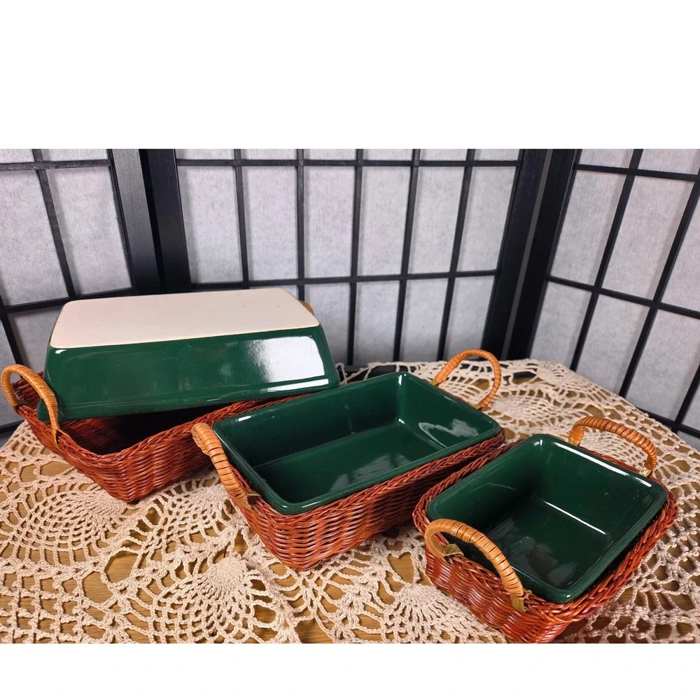 Vintage Green Ceramic Baking Dish Set with Wicker Baskets 3 Pieces Rectangular
